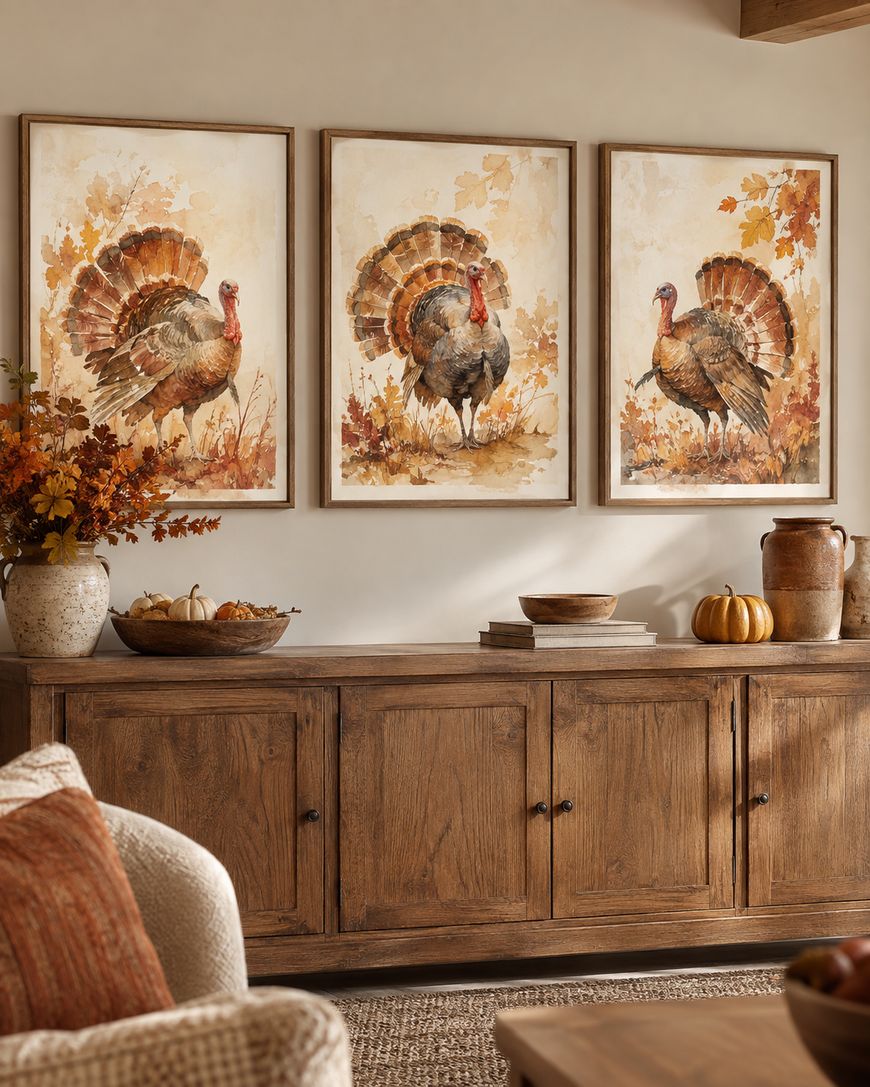 A cozy room with a wooden sideboard, autumn decor, and three framed turkey paintings above it. Pumpkins, vases, and fall leaves decorate the space, creating a warm, seasonal atmosphere.