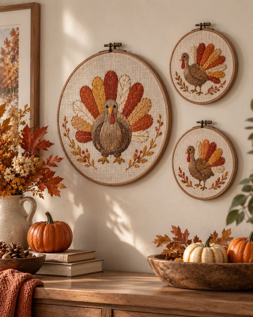 Three embroidered turkey hoops hang on a wall above a wooden table decorated with pumpkins, autumn leaves, dried flowers, and stacked books, creating a cozy fall atmosphere.