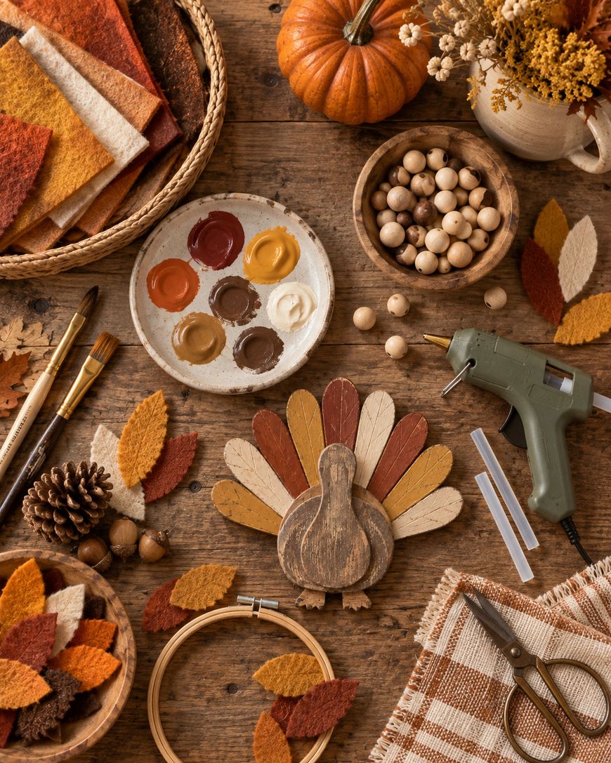 A rustic table with autumn crafts: felt leaves, paint, brushes, a glue gun, wood beads, scissors, a pumpkin, flowers, and a half-finished turkey decoration. Cozy fall colors and textures fill the scene.