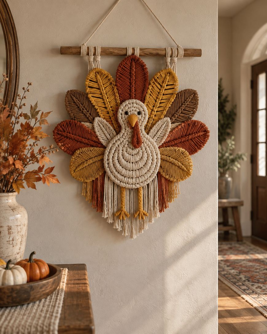 A decorative macrame turkey wall hanging in autumn colors is displayed on a light wall, with fall decor and pumpkins visible nearby in a warmly lit room.