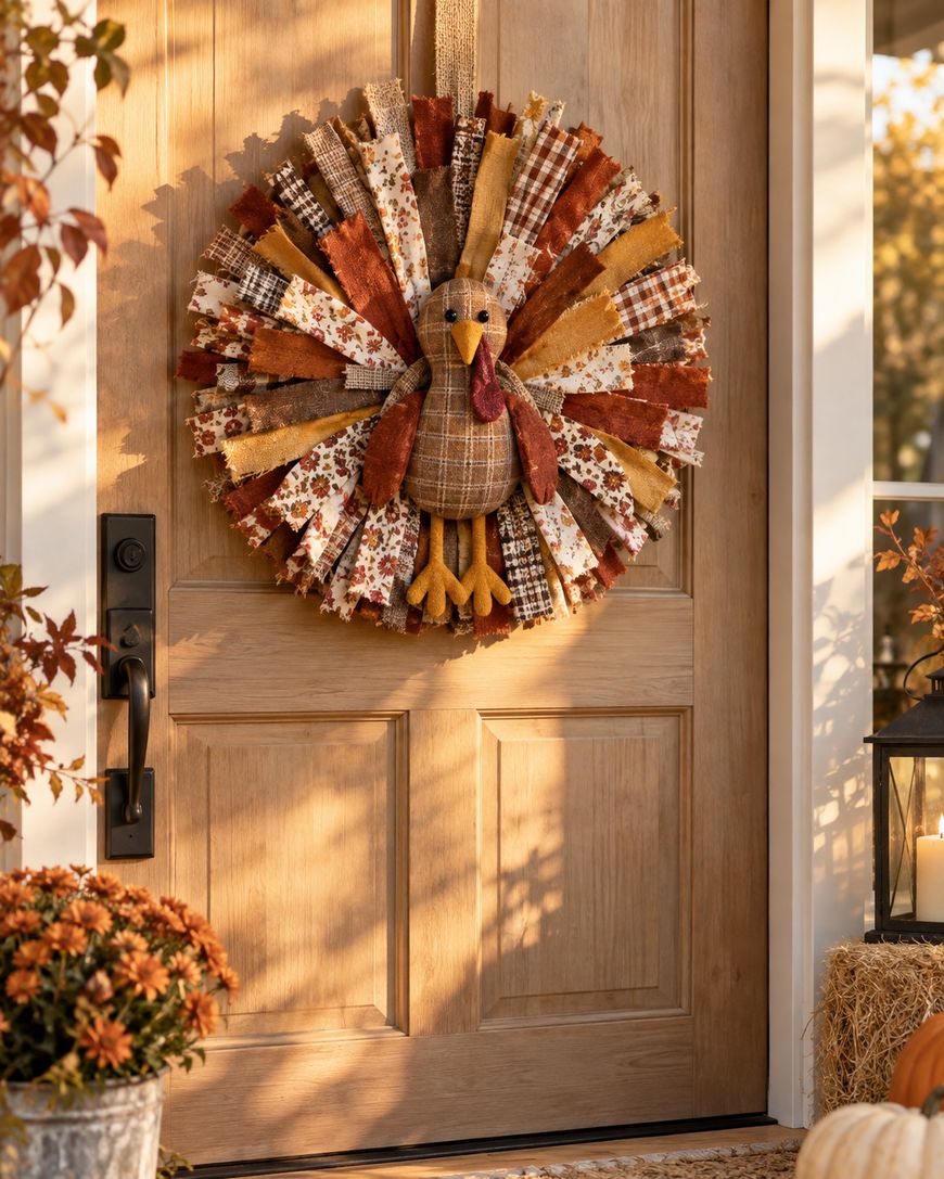 A decorative turkey wreath made of patterned fabric strips in fall colors hangs on a wooden front door, surrounded by autumn flowers and a lit lantern.