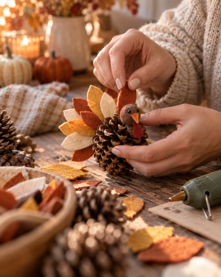 A person crafts a turkey decoration using pinecones and felt pieces at a cozy, autumn-themed table with pumpkins and warm lighting in the background.