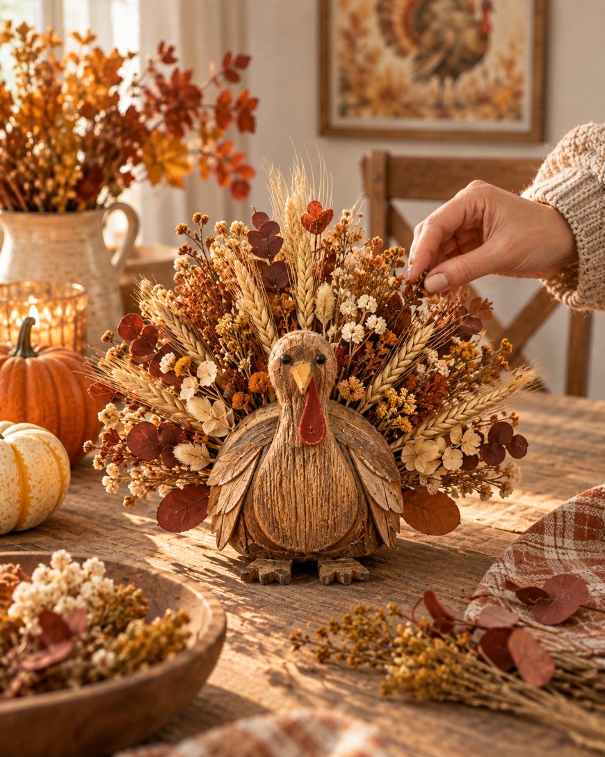 A hand arranges a decorative turkey centerpiece made of dried flowers and grasses on a rustic table with pumpkins and autumn decor in a cozy, sunlit room.