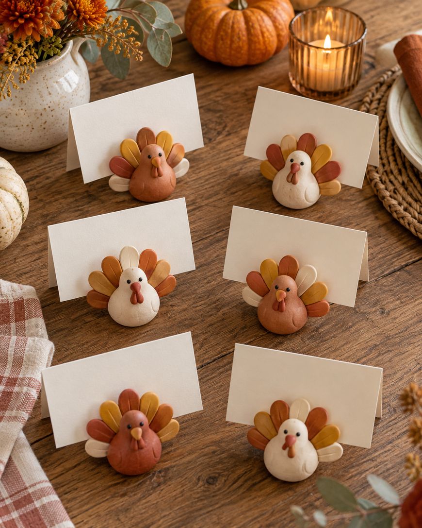 Six small turkey-shaped name card holders with blank cards are arranged on a wooden table, surrounded by autumn decorations like pumpkins, a candle, and a plaid napkin.