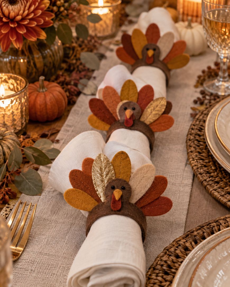 Three white napkins are rolled and held with felt turkey napkin rings on a festive, autumn-themed table set with candles, plates, and fall decorations.