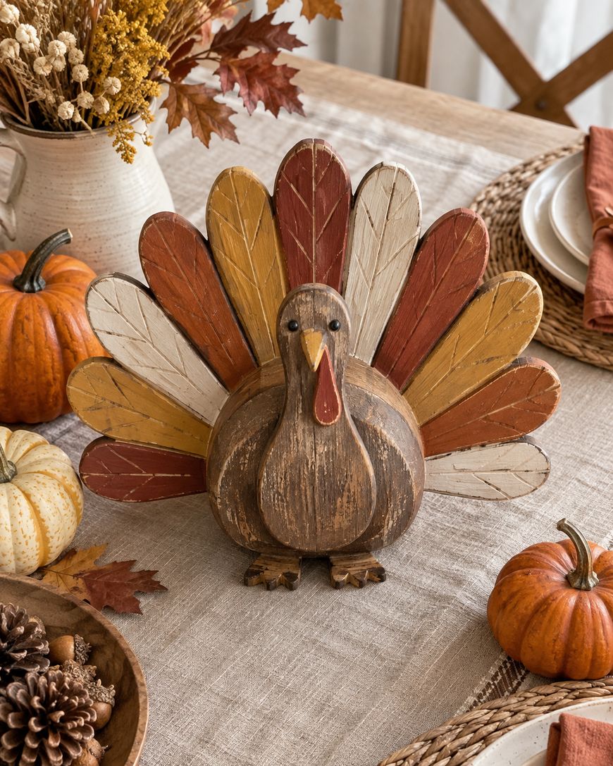 A wooden turkey decoration with colorful tail feathers sits on a table set for fall, surrounded by pumpkins, pine cones, and autumn leaves, with a beige tablecloth and orange napkins.
