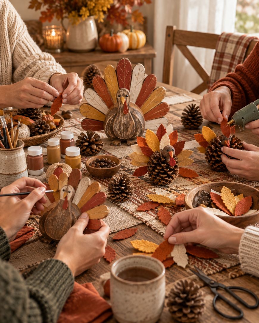 Four people create turkey crafts with pinecones and felt leaves at a cozy, autumn-themed table. Craft supplies, a mug, and pumpkins decorate the warm, inviting scene.