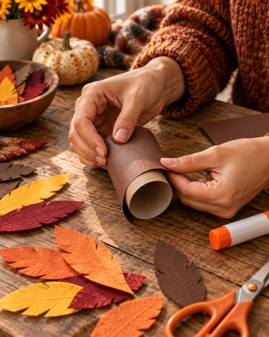 Person crafting with a cardboard tube, gluing brown paper around it at a wooden table decorated with felt leaves, scissors, a glue stick, and small pumpkins, evoking a cozy autumn atmosphere.