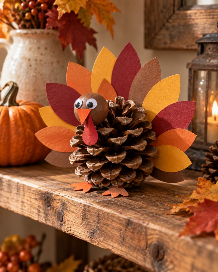 A pinecone turkey craft with colorful paper feathers, googly eyes, and a red paper wattle sits on a rustic wooden shelf decorated with autumn leaves and a pumpkin.