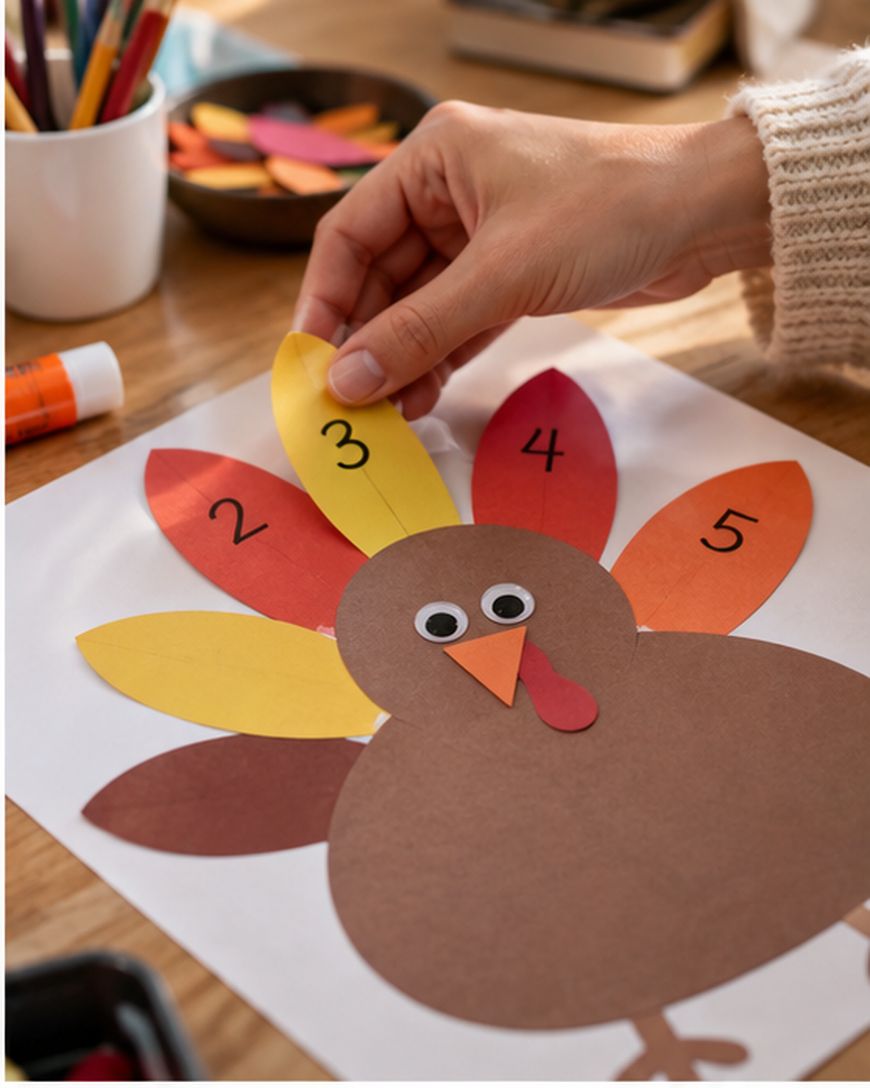 A hand attaches numbered paper feathers to a turkey craft on a table, surrounded by craft supplies like glue and colored paper.