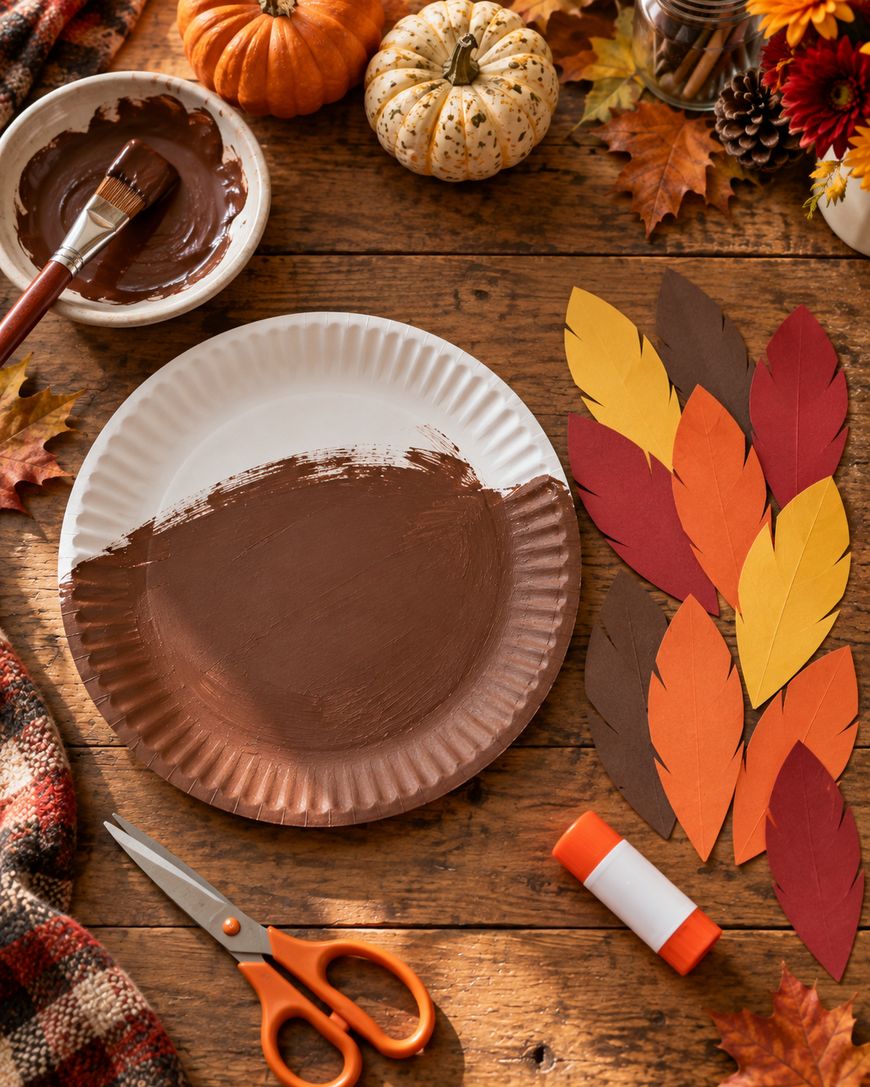 A paper plate partially painted brown, colored paper leaves, a glue stick, scissors, pumpkins, autumn leaves, and a bowl of brown paint on a wooden table.