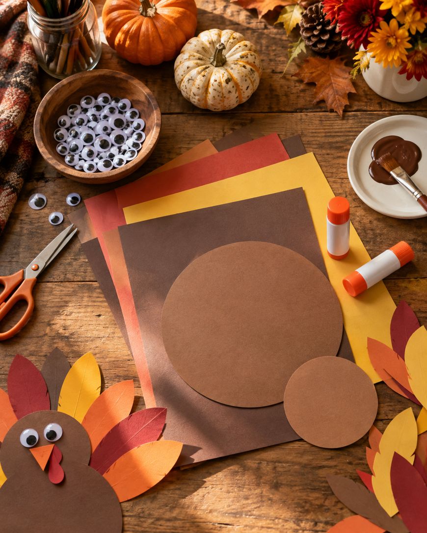 Colorful paper, glue sticks, scissors, googly eyes, and paint sit on a table with fall decorations. Two turkey crafts with paper feathers are partially finished. The scene suggests a festive autumn or Thanksgiving craft activity.