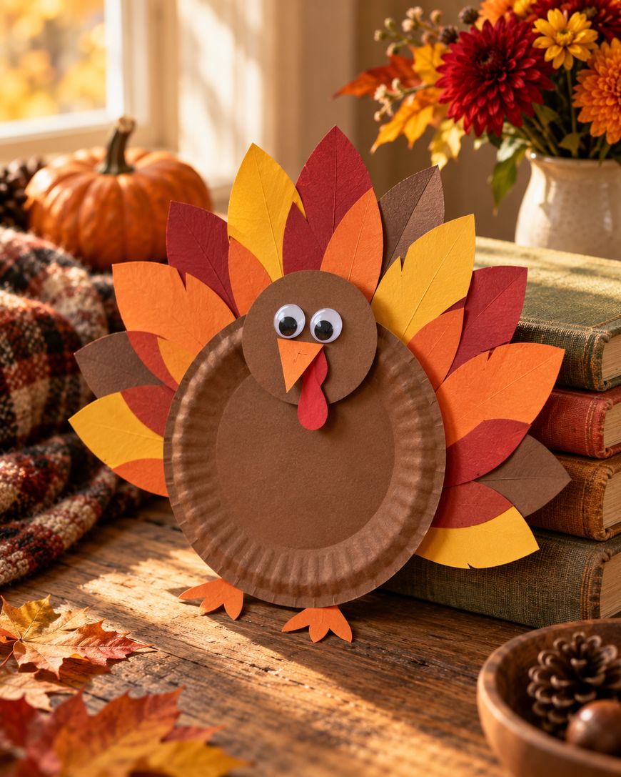 A turkey craft made from a paper plate, colorful paper feathers, and googly eyes sits on a wooden table with autumn decor, books, and a pumpkin in the background.