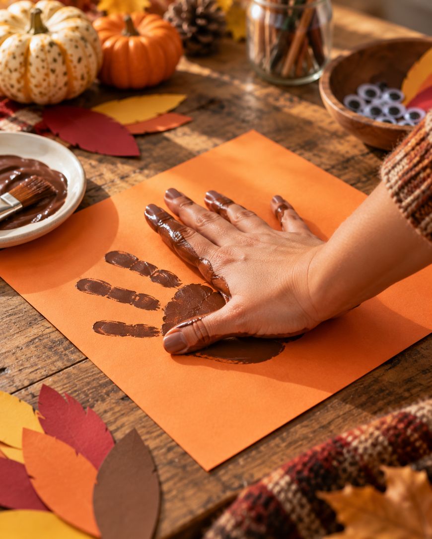 A person presses their brown paint-covered hand onto orange paper, making a handprint. Autumn leaves, pumpkins, and craft supplies are on a wooden table in the background.