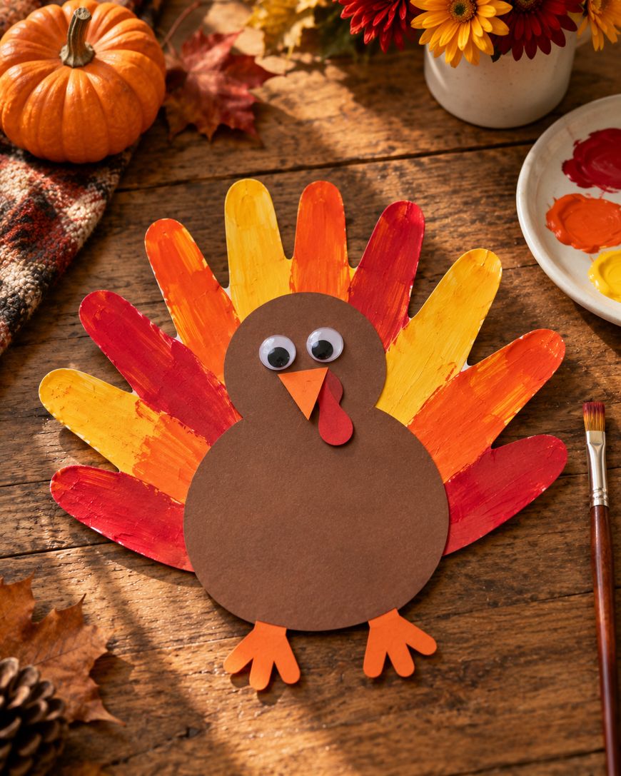 A handprint turkey craft made with painted paper, googly eyes, and cut-out beak and feet, sits on a wooden table with autumn decor, flowers, and art supplies nearby.