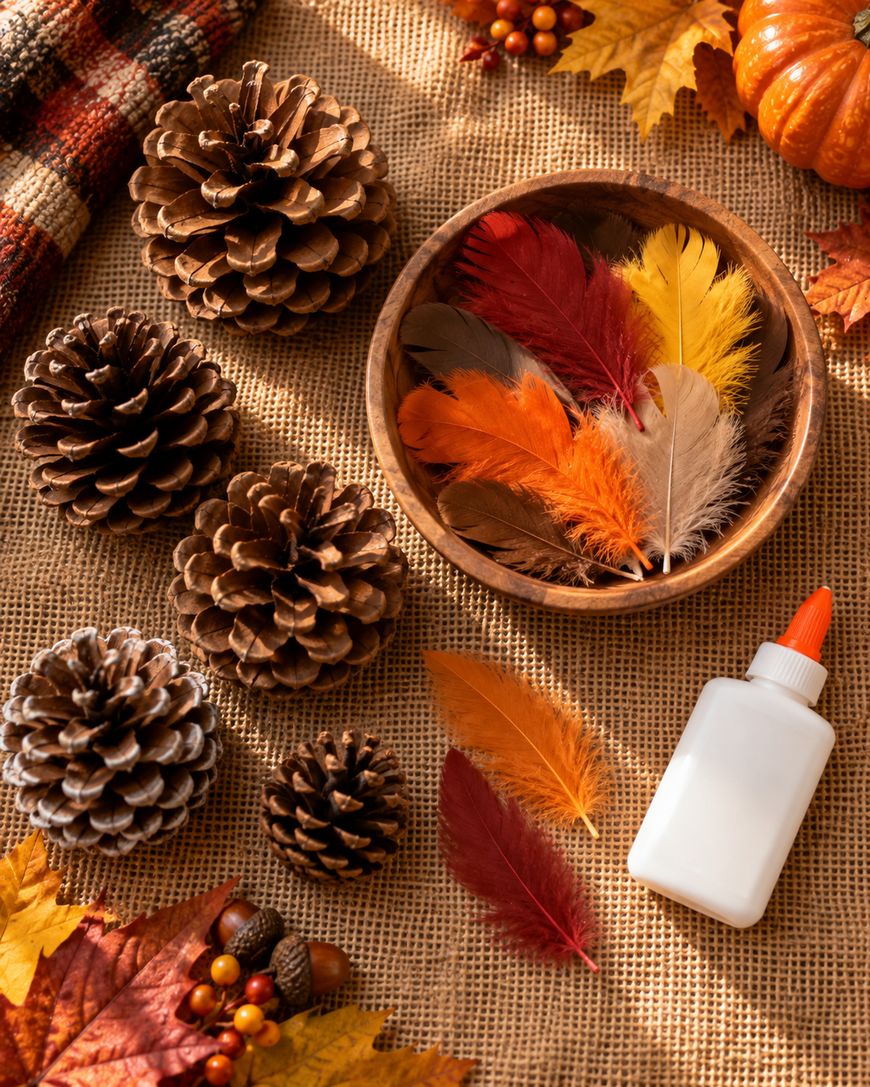 A bowl of colorful feathers, pinecones, a bottle of white glue, and autumn leaves on burlap, suggesting a fall craft scene.