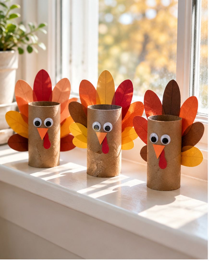 Three turkey crafts made from cardboard tubes, googly eyes, paper beaks, and colorful leaf-shaped paper feathers are displayed on a windowsill with sunlight streaming in.