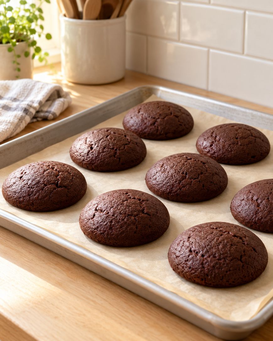 A baking tray with eight round, domed chocolate cookies on parchment paper sits on a wooden countertop in a bright kitchen.