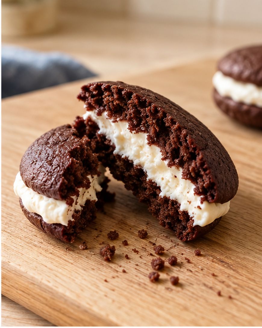 A chocolate whoopie pie with creamy white filling is broken in half on a wooden surface, with crumbs scattered nearby. Another whole whoopie pie is in the background.