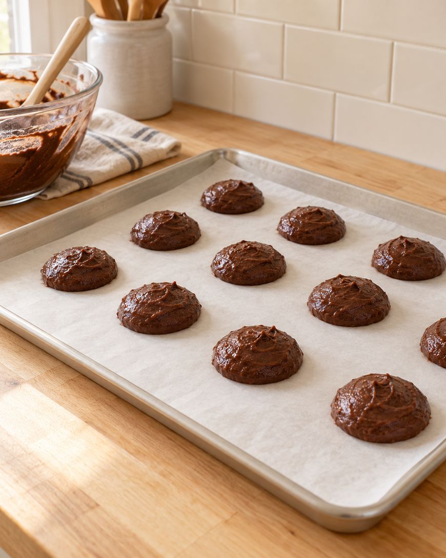 Twelve scoops of chocolate cookie dough on a parchment-lined baking sheet, with a glass bowl of dough and a spoon on a wooden countertop in a kitchen.
