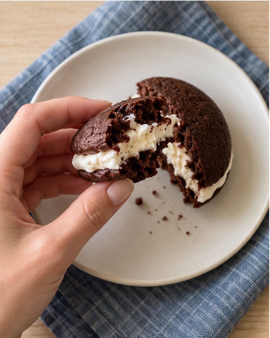 A hand holding a chocolate whoopie pie with cream filling, broken in half over a white plate on a blue cloth napkin.