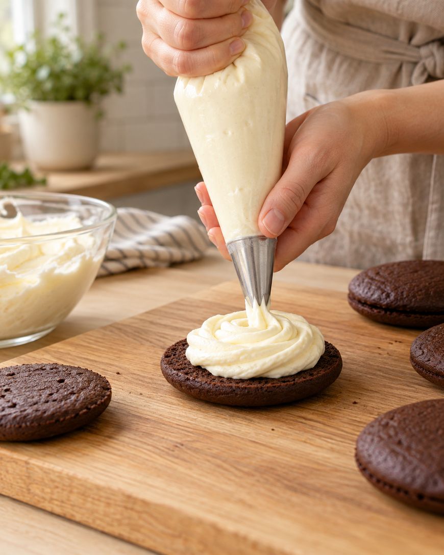 A person pipes cream filling onto a chocolate cake round in a kitchen, with other cake rounds and a bowl of filling on a wooden surface.