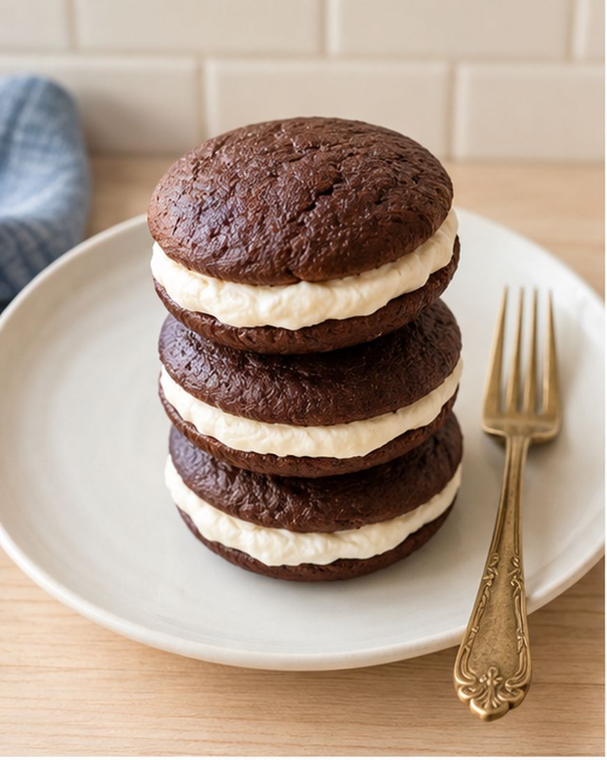 Four chocolate whoopie pies with white cream filling are stacked on a white plate with a gold fork on the side. The background includes a blue cloth and white tile wall.