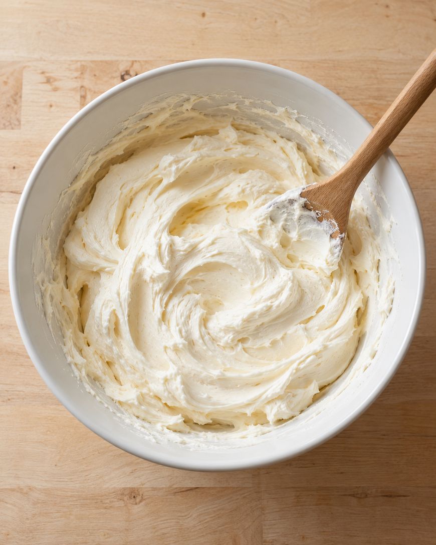 A white bowl filled with smooth, creamy frosting sits on a wooden surface, with a wooden spoon partially submerged in the mixture.