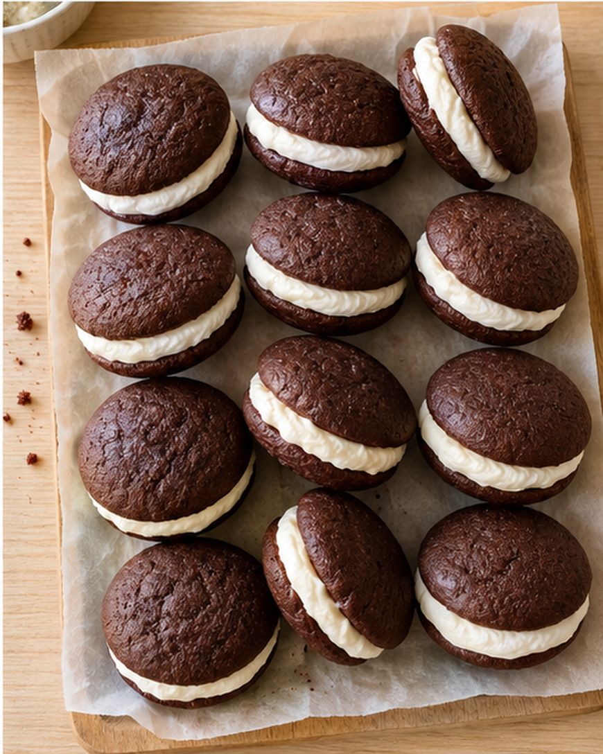 Twelve chocolate whoopie pies with white cream filling are neatly arranged on a sheet of parchment paper atop a wooden surface.