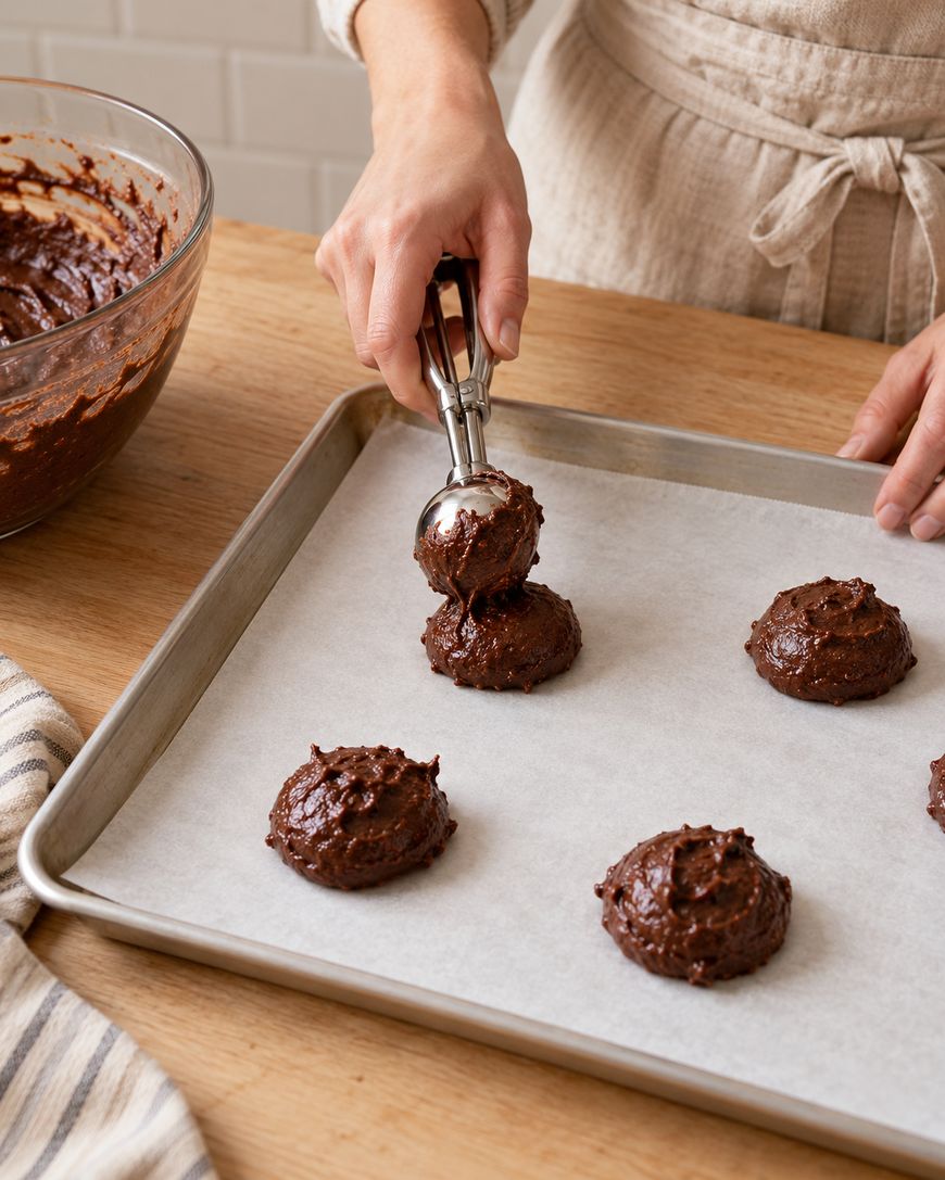 A person scoops chocolate cookie dough onto a parchment-lined baking sheet using a metal scoop. A glass bowl of dough and a striped towel are nearby on the wooden countertop.