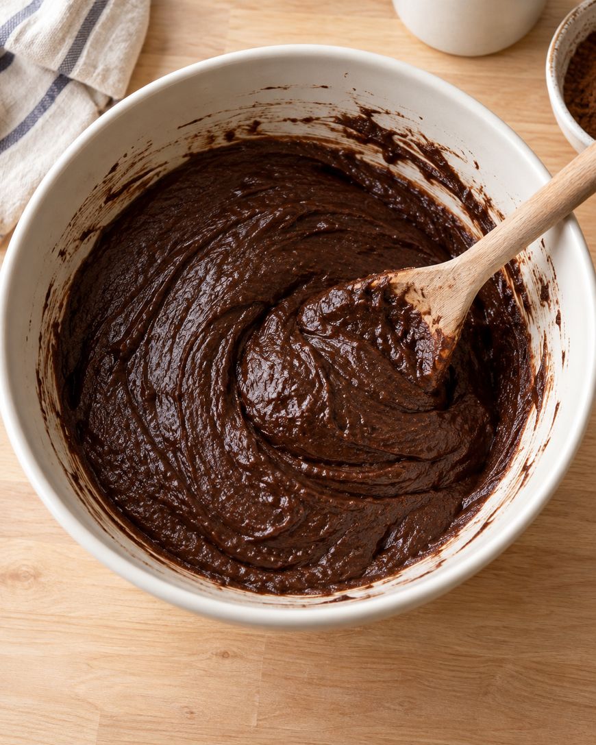 A white bowl filled with thick chocolate brownie batter, being stirred with a wooden spoon, sits on a light wooden surface.
