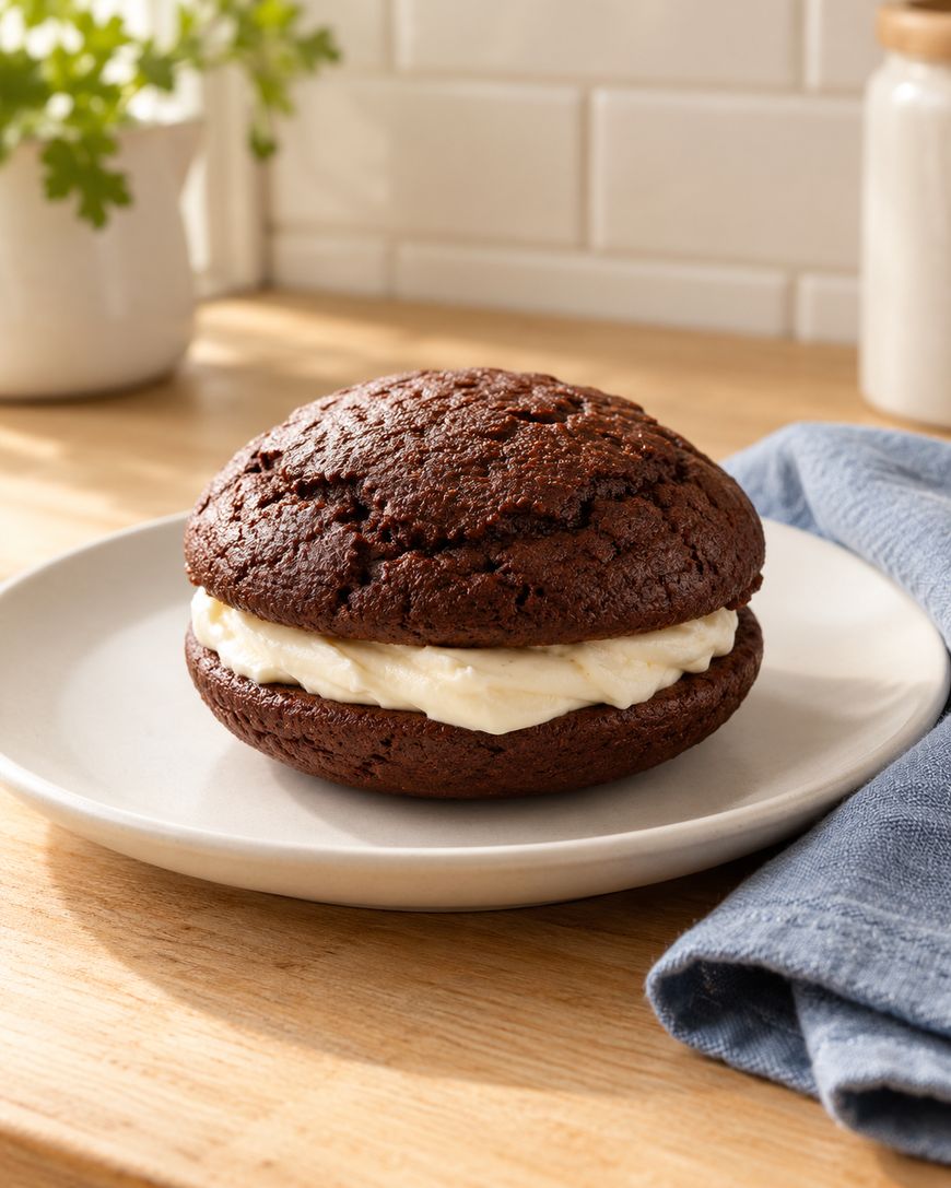 A chocolate whoopie pie with cream filling sits on a white plate next to a blue cloth napkin on a wooden table, with a plant and white tiles in the background.