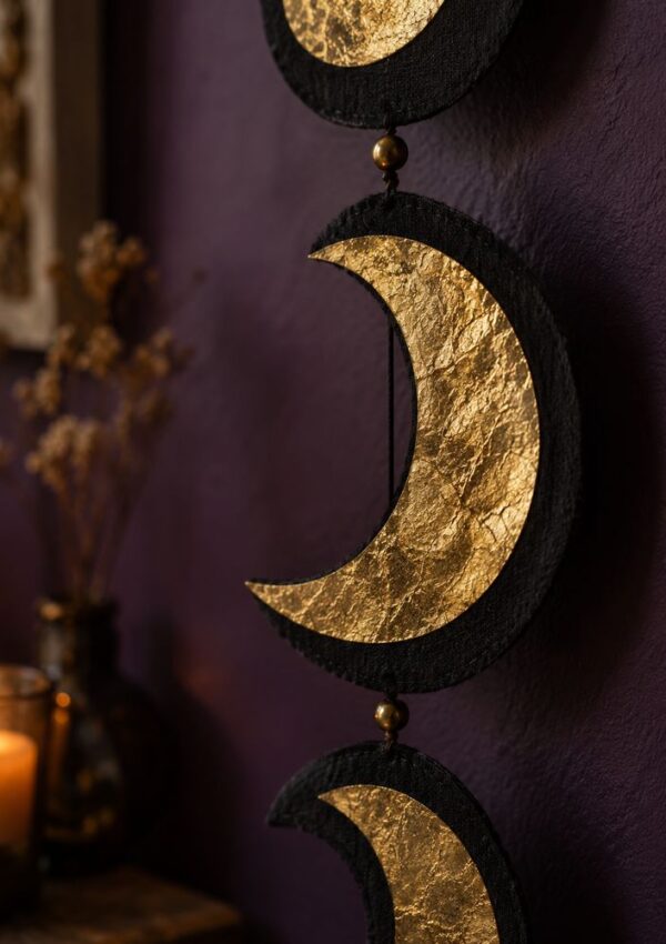 Three gold and black crescent moon wall hangings hang vertically against a purple wall. A lit candle and dried flowers in a vase are blurred in the background, creating a warm, cozy atmosphere.