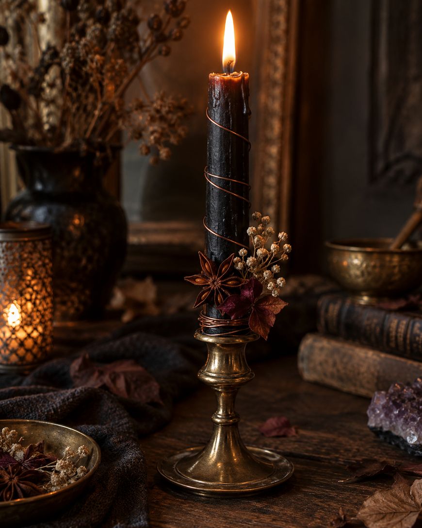 A lit black candle wrapped in copper wire, decorated with dried flowers and star anise, in a brass holder.