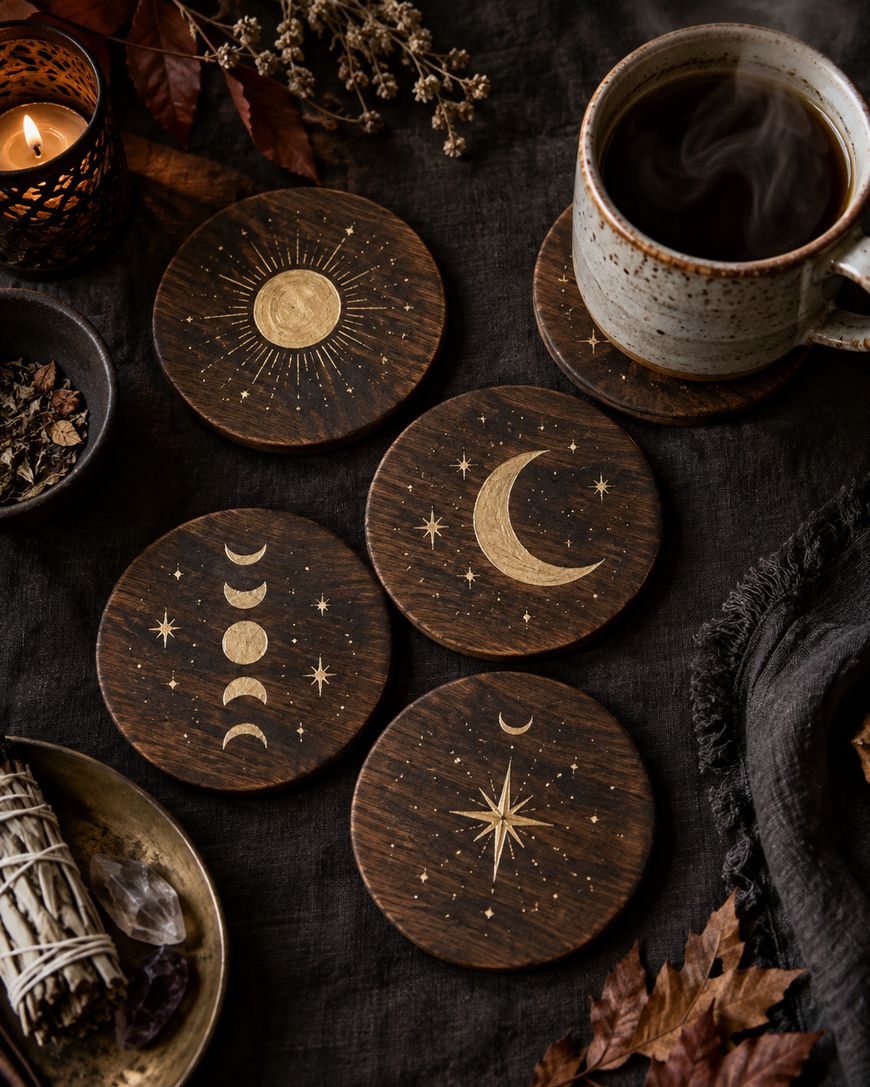 Five wooden coasters with gold celestial designs are arranged on a dark cloth beside a steaming cup of coffee.