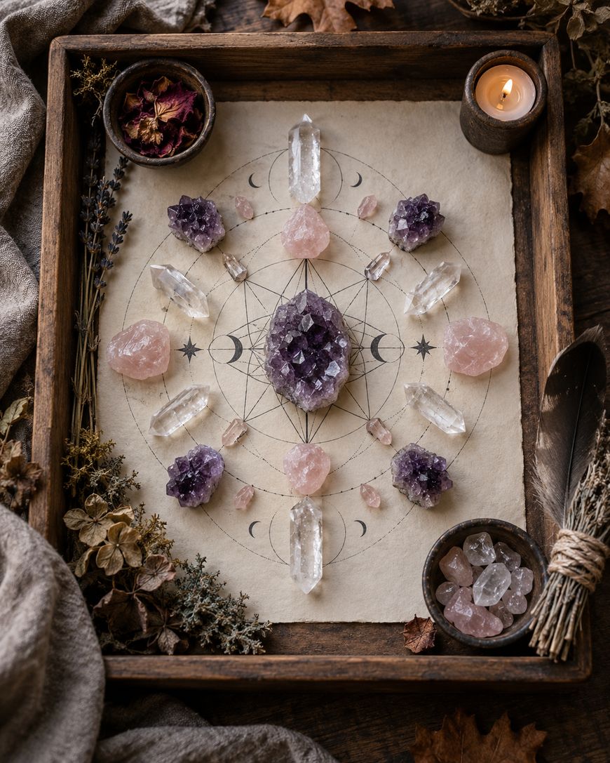 A wooden tray holds crystals arranged on sacred geometry artwork, with candles and dried herbs.