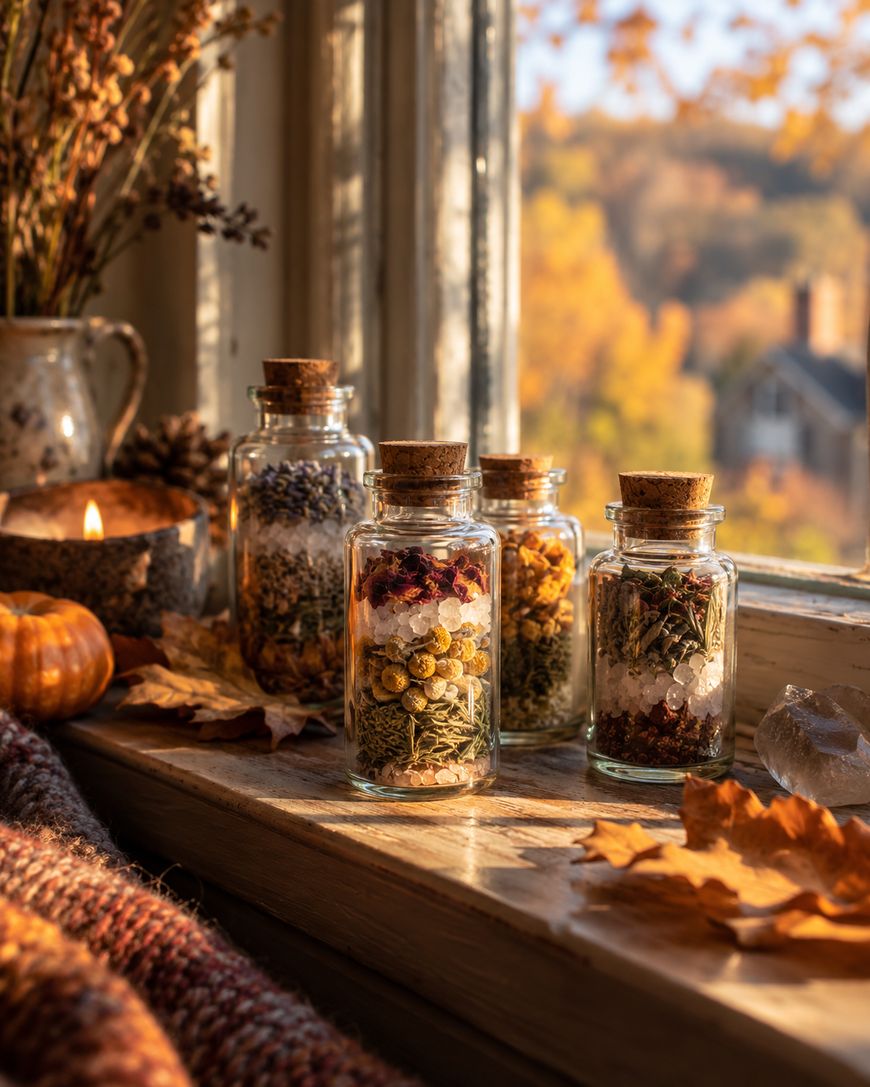 Four glass jars filled with dried herbs and flowers sit on a windowsill with autumn leaves and a lit candle.