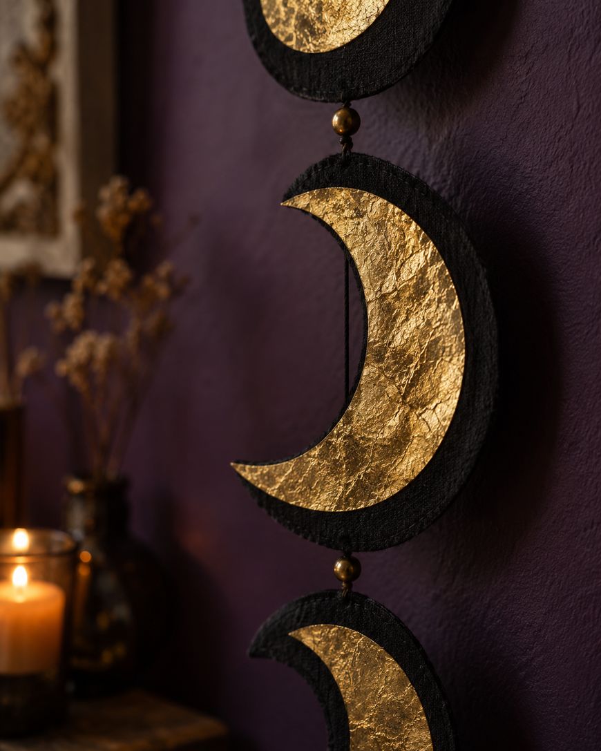 Three crescent moon wall hangings with gold leaf texture hang vertically against a dark purple wall.