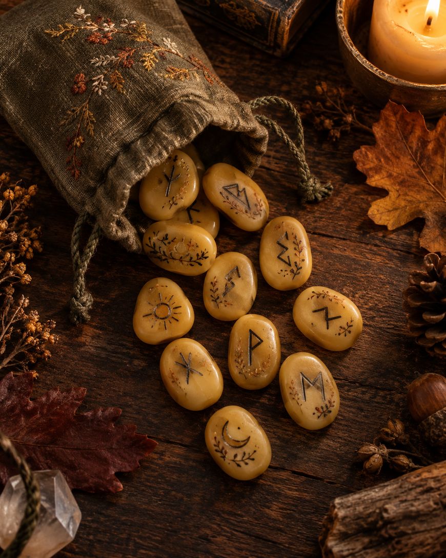 A cloth bag spills rune stones with symbols onto a wooden table, surrounded by candles and autumn decor.