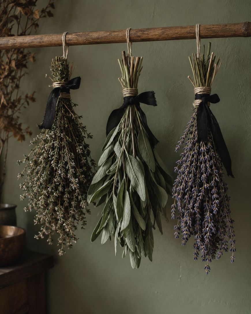 Three bundles of dried herbs tied with string and black ribbons hang from a wooden rod against a green wall.