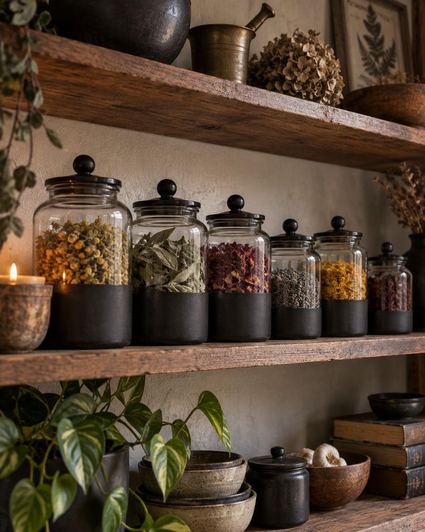 Glass jars with black lids hold dried herbs on wooden shelves, alongside candles and rustic decor.
