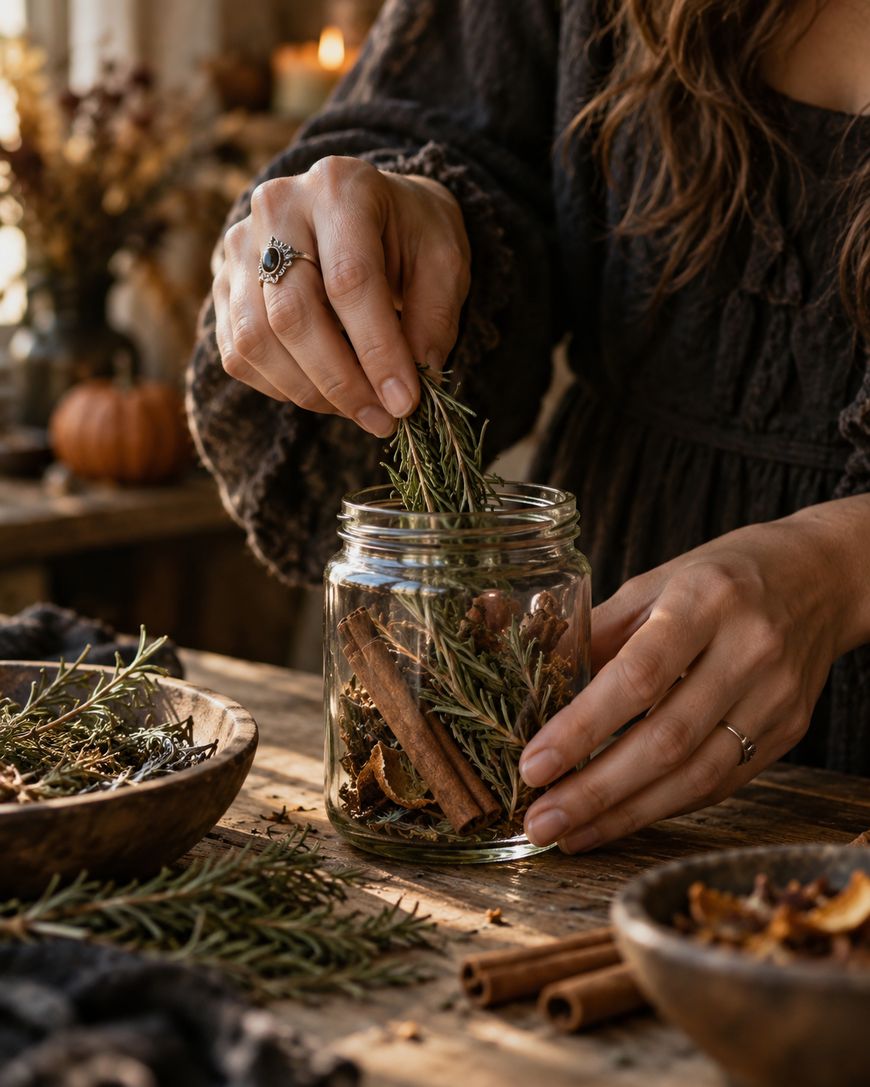 A person places fresh rosemary sprigs into a glass jar filled with cinnamon sticks and herbs.