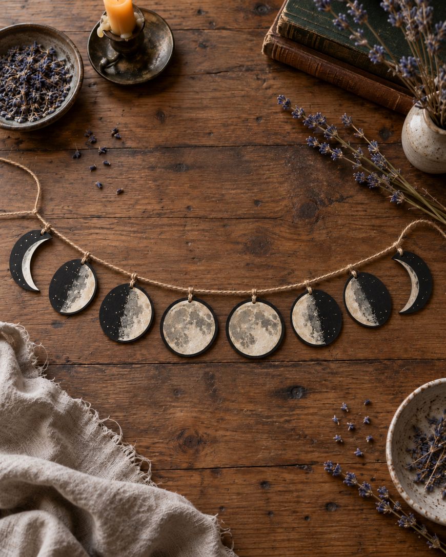 A moon phase garland lies on a rustic wooden table, surrounded by dried lavender, a lit candle, books, and a light fabric.