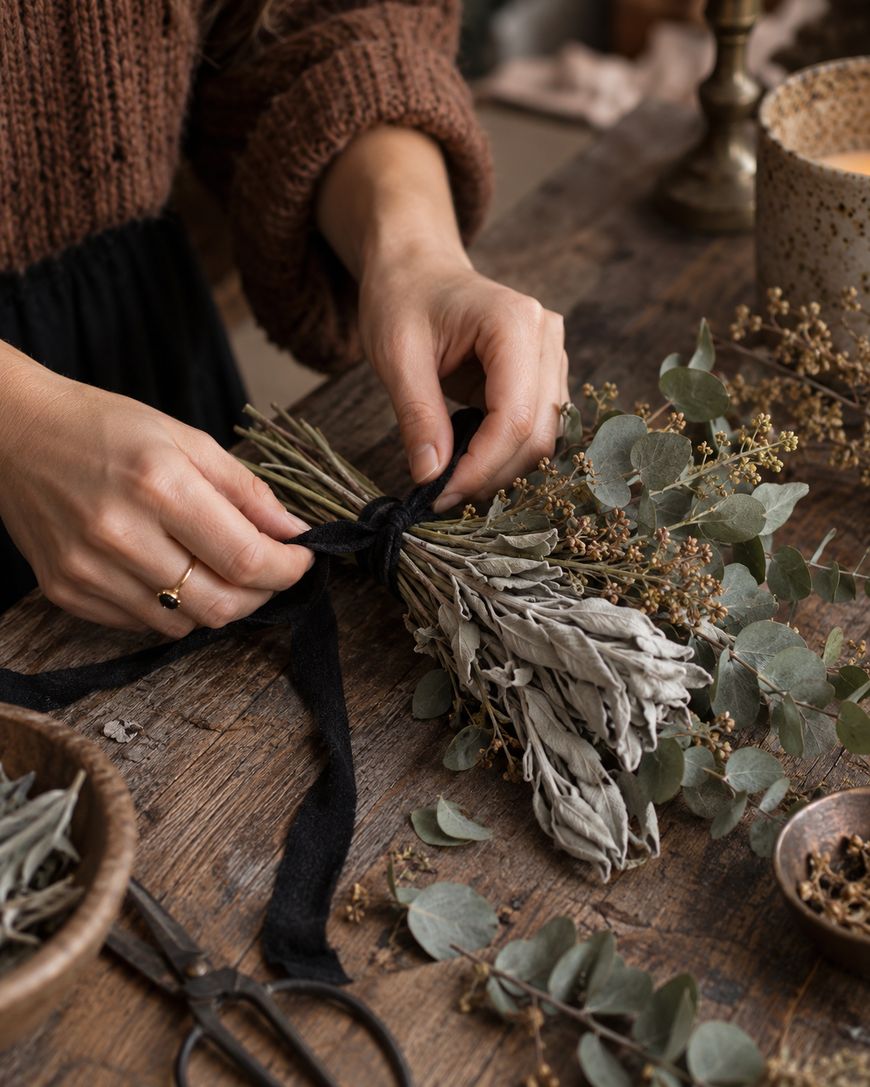 A person ties a black ribbon around a bundle of dried sage and eucalyptus on a rustic wooden table.