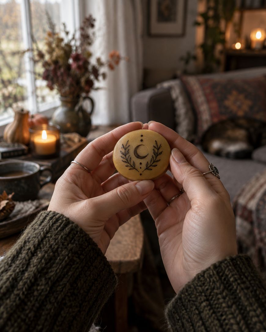 A person holds a round wax charm with a moon and leaf design, in a cozy living room with candles.