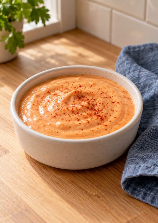 A white bowl filled with creamy orange sauce, sprinkled with red seasoning, sits on a wooden counter next to a blue cloth and a potted herb near a window.