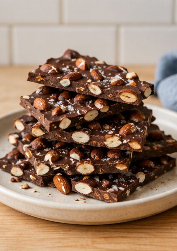 A stack of dark chocolate bark pieces with whole almonds and sprinkled sea salt on a beige plate, set on a wooden surface.