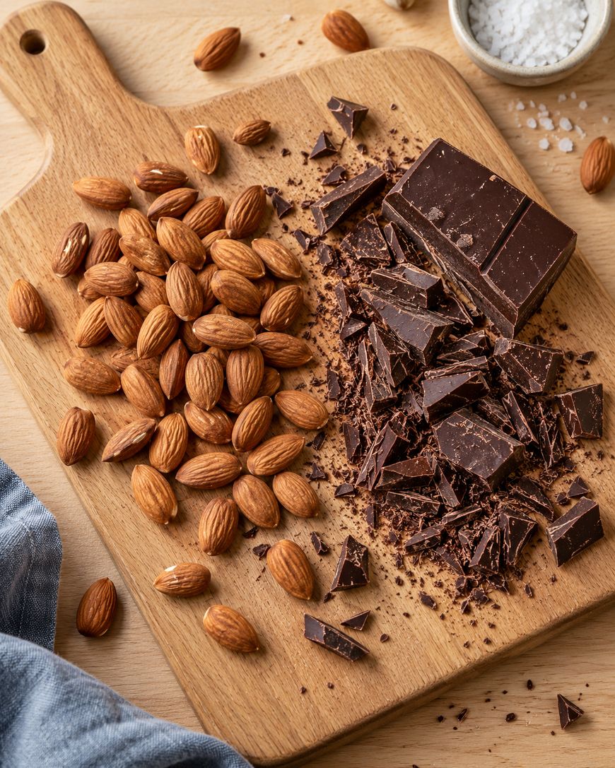 Whole almonds and chopped dark chocolate are arranged side by side on a wooden cutting board. A small bowl of salt and a blue cloth napkin are nearby.