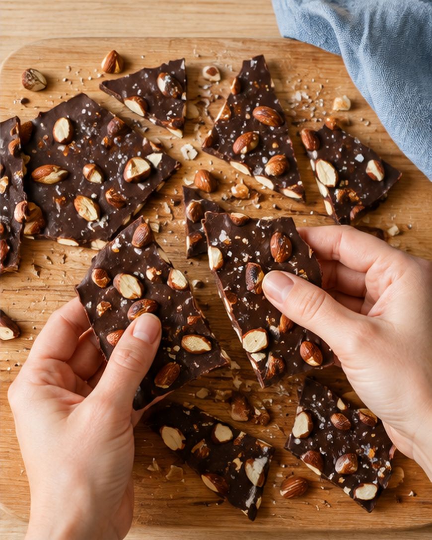 Hands break a piece of dark chocolate bark with whole and chopped almonds on a wooden cutting board, surrounded by more pieces and a blue cloth in the corner.