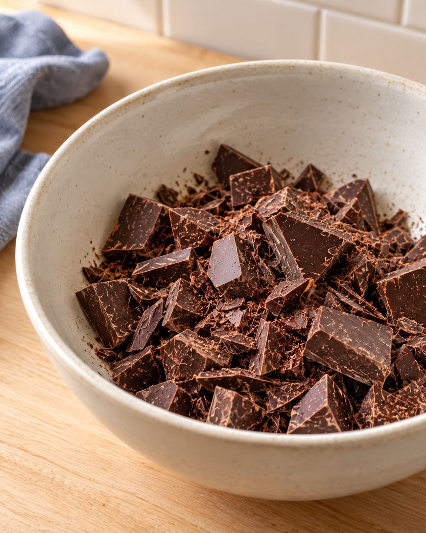 A white bowl filled with roughly chopped pieces of dark chocolate sits on a wooden surface, with a blue cloth partially visible in the background.